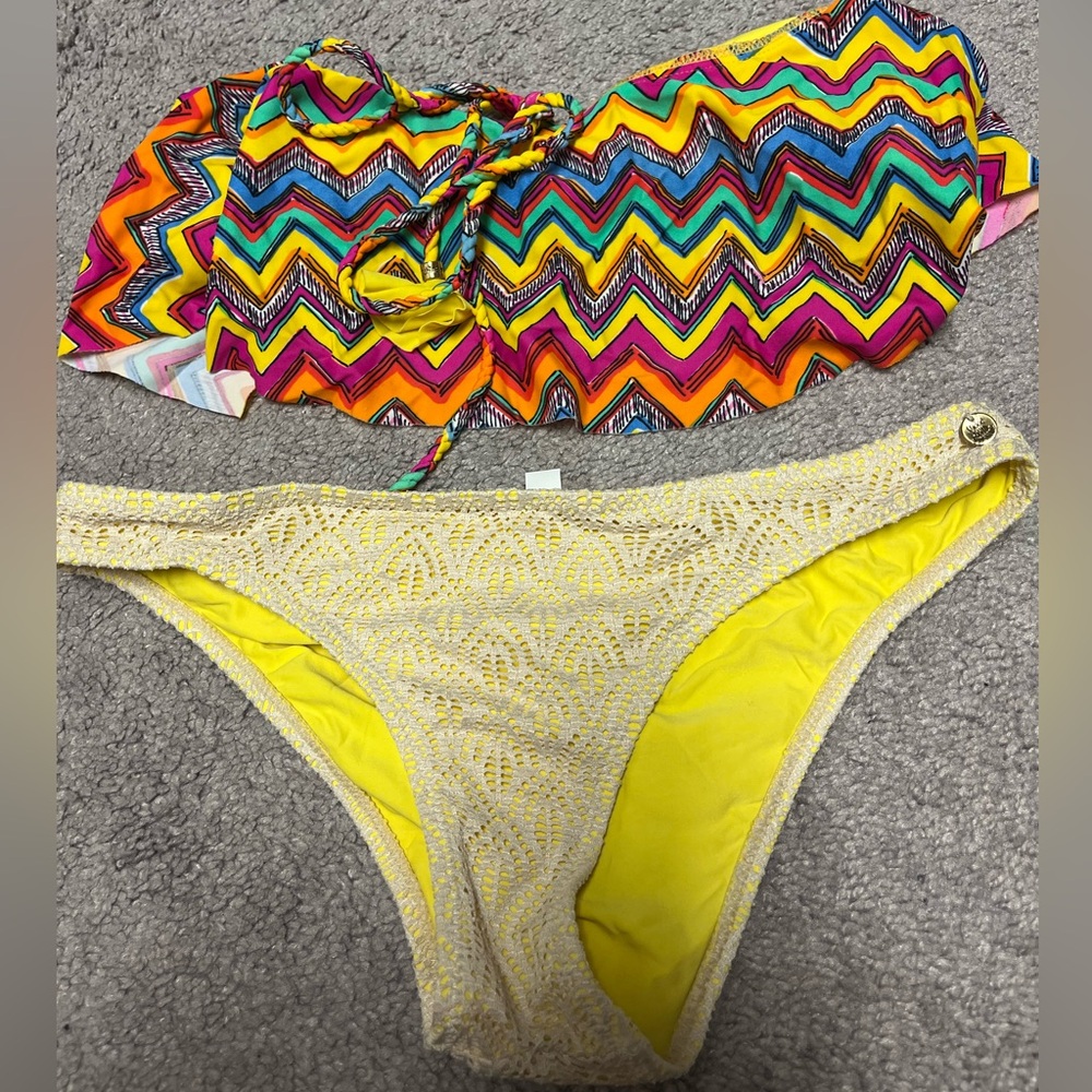 Raisins Chevron Multicolor Bandeau Bikini Top with Yellow Crochet Bikini Bottom